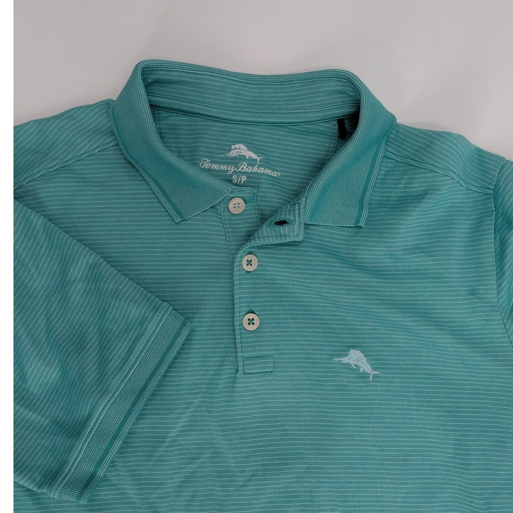 Tommy Bahama Mens Small Teal Green Striped Short Sleeve Polo Shirt Marlin Logo